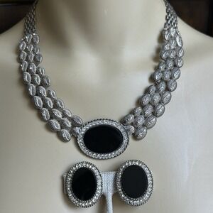 Art Deco Style Necklace w Matching Earrings Black Glass Rhinestone Silver Plated